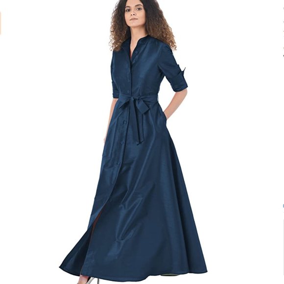 eshakti Dresses & Skirts - Eshakti Dupioni Shirt Dress large L 14 Navy NEW